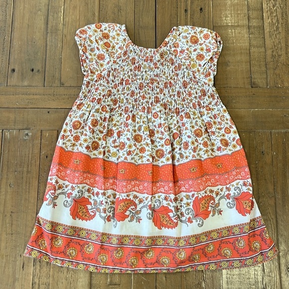 Janie and jack vintage Orange scarf print floral smocked cap sleeve dress - Picture 7 of 8